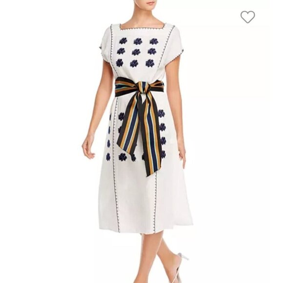 Tory Burch Floral Embroidered White Navy Linen Blend Designer Midi Dress Size M - Picture 3 of 11